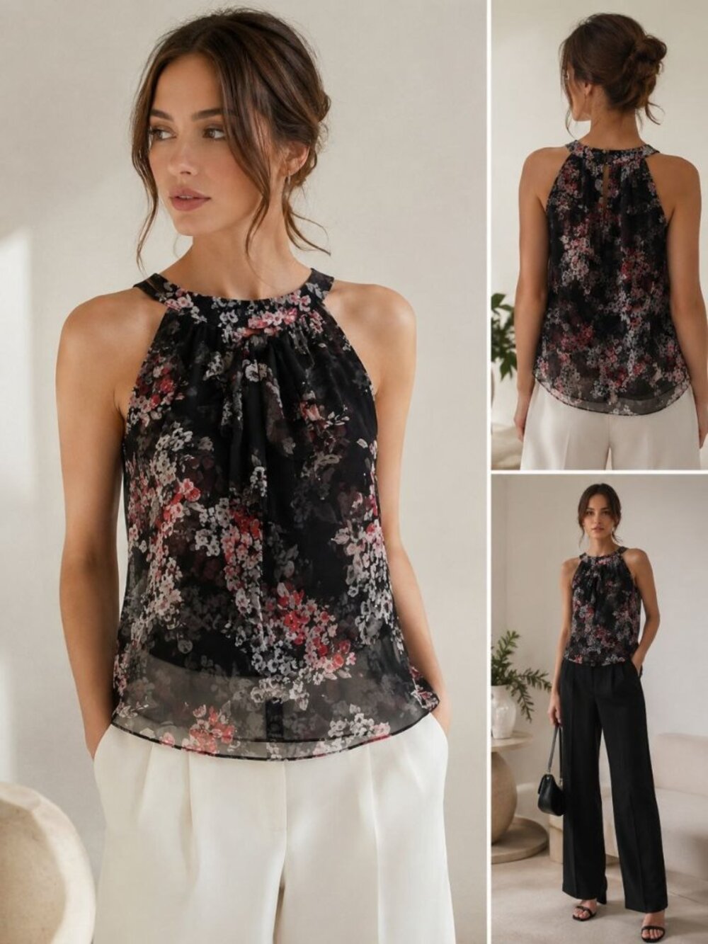 White House Black Market Floral Layered Chiffon Sleeveless Blouse Top Size 6